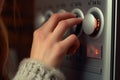 A close up of a person pressing a button. Suitable for technology, electronics, and communication concepts