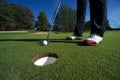 Close up of person putting golf ball on golf course