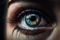 a close up of a person\'s eye with a blue and yellow eyeball in the center of the iris of the eye and a black background