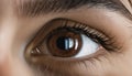 A close up of a person\'s eye with brown hair