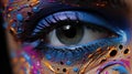 A close up of a person\'s eye with colorful makeup