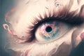 a close up of a person\'s eye with a sky background and clouds in the iris of the eye, with a blue and pink swirly swirl