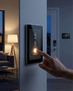 Hand Using Wall-Mounted Smart Home Touchscreen Control Panel for Thermostat and Security Royalty Free Stock Photo