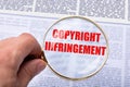 Person Holding Magnifying Glass Over Copyright Infringement Word