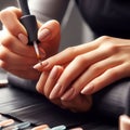 Close-up of a personâs hands applying nail polish against a black background. The nail polish brush is in focus Royalty Free Stock Photo