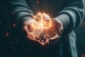 A close-up of a person\'s hands holding a glowing brain shaped light bulb, representing innovative ideas