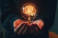 A close-up of a person\'s hands holding a glowing brain shaped light bulb, representing innovative ideas