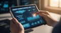 Close up Of Person\'s Hands Operating A Futuristic Digital Tablet Displaying Complex Royalty Free Stock Photo