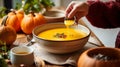 Close-up of a person\'s hands pouring pumpkin soup into a bowl Royalty Free Stock Photo