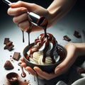 Close up of a person swirling chocolate sauce on top of a scoo