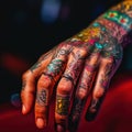 A close up of a person with tattoos on their hands. Generative AI image.