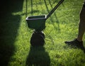Close-up of a person using a seed spreader in early spring with a green grass background Royalty Free Stock Photo