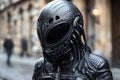 A close up of a person wearing an alien helmet on the street, AI