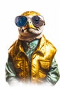 Close up of person wearing leather jacket and turtle wearing sunglasses. Generative AI
