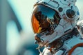 Close Up of Person Wearing Space Suit, Imagine a close-up of a space-suited astronaut, featuring striking details of the helmet