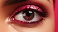 A close up of a person's eye with a pink eyeliner. Generative AI image.