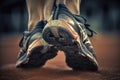 A close up of a person& x27;s feet wearing running shoes. AI generative image