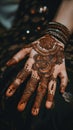A close up of a person's hand with henna designs on it. AI generative image.