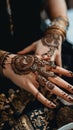 A close up of a person's hand with henna tattoos. AI generative image.