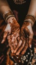 A close up of a person& x27;s hands with henna tattoos. AI generative image.