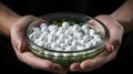 Close-up of a persons hand holding a blister pack of medication pills, pharmaceutical concept.