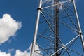 Close up perspective pov of modern metal steel mobile 5g network wireless telecom tower against clear blue sky