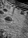 Close up perspective view of old black steel girders on a bridge with large round rivets and cracked black shiny paint Royalty Free Stock Photo