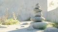 A close-up perspective of a zen pebble stone stack, set against a white background. Royalty Free Stock Photo