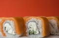 Close-up of philadelphia sushi, fresh japanese food snacks, rice and cucumber in sushi, shallow depth of field