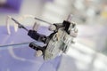 Close up of a phoropter inside the optical over a showcase in a blurred background