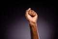 Close up photo of afro american hand raise fists ask support african community stop discrimination isolated over black