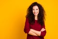 Close up photo amazing attractive her she lady glad self-confident arms crossed leisure rejoice wearing maroon knitted