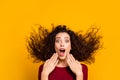 Close up photo amazing charming her she lady hair flight yelling loud funky run running black friday shopping wearing