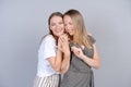 Close up photo amazing cute two people mom and daughter stand hugging each Royalty Free Stock Photo
