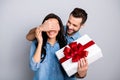 Close up photo amazing she her he him his lady guy hide eyes guess who game prepared romance surprise hold big large Royalty Free Stock Photo