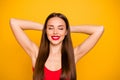 Close up photo of amazing lady colorful look eyes closed lying beach resort bali ocean water wear red swimming suit Royalty Free Stock Photo