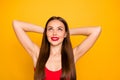 Close up photo of amazing lady lying beach resort bali ocean water overjoyed look up empty space wear red swimming suit Royalty Free Stock Photo