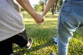 Close up photo of asian child girl hand holding her senior grandmother, walking together in summer outside home,family time,Old Royalty Free Stock Photo