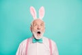 Close up photo astonished old man gentleman easter party event look up copyspace impressed incredible festive