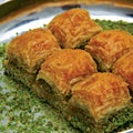 Close up photo of Turkish Gaziantep baklava with pistachio, Turkish cuisine.