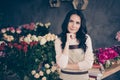 Close up photo beautiful adorable amazing she her lady many roses vases retail seller assistant employee hands arms