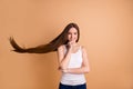 Close up photo beautiful amazing her she lady hands arms hold touch chin overjoyed warm wind breeze hair flight inspired