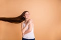 Close up photo beautiful amazing her she lady hands hold shoulders eyes closed overjoyed warm wind breeze hair flight