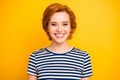 Close up photo beautiful amazing she her lady kindhearted easy-going overjoyed wearing casual striped white blue t-shirt Royalty Free Stock Photo