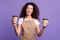 Close up photo beautiful amazing her she lady waitress owner cafeteria hold hands arms paper cups hot beverage invite