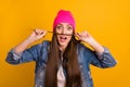 Close up photo beautiful amazing she her stylish lady friendly teen make false fake moustache like he him his man male Royalty Free Stock Photo