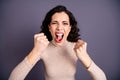 Close up photo beautiful amazing wild she her lady yelling loud not fair situation roar hands arms fists raised forward Royalty Free Stock Photo