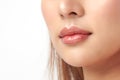 Close up photo with beautiful female face, Sexy plump full lips. Close-up face detail. Perfect natural lip makeup