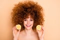 Close up photo beautiful foxy she her wear no clothes nude lady present product based lime lemon useful for skin stylist