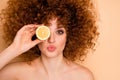 Close up photo beautiful funky she her wear no clothes lady hold hide eye behind slice lime lemon carefree send air